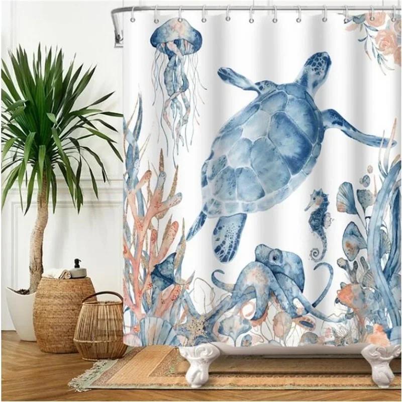 Underwater World Bathroom Shower Curtain Sea Turtle Dolphin Ocean Creature Landscape Bath Curtains Children Cloth Bathroom Decor