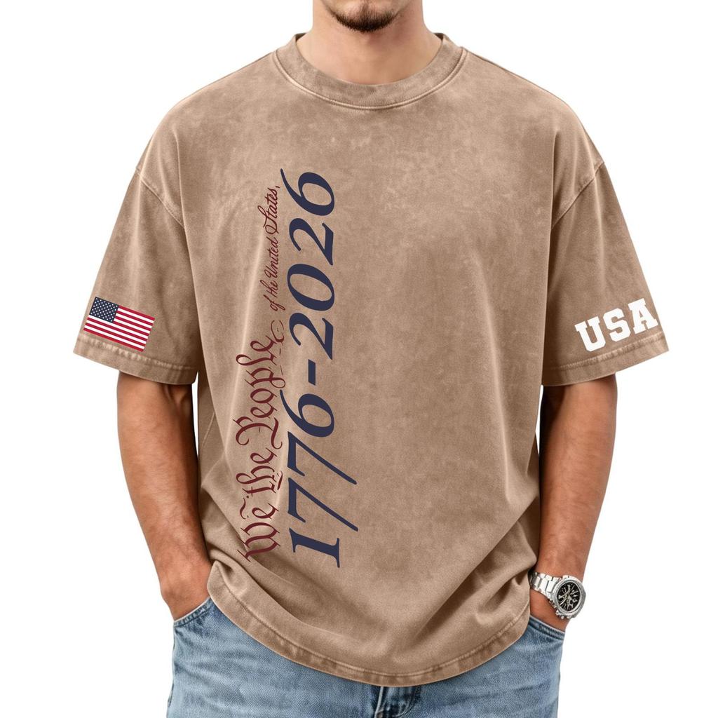 Men's loose and casual flag letter print T-shirt - Men's trendy washed short-sleeved top