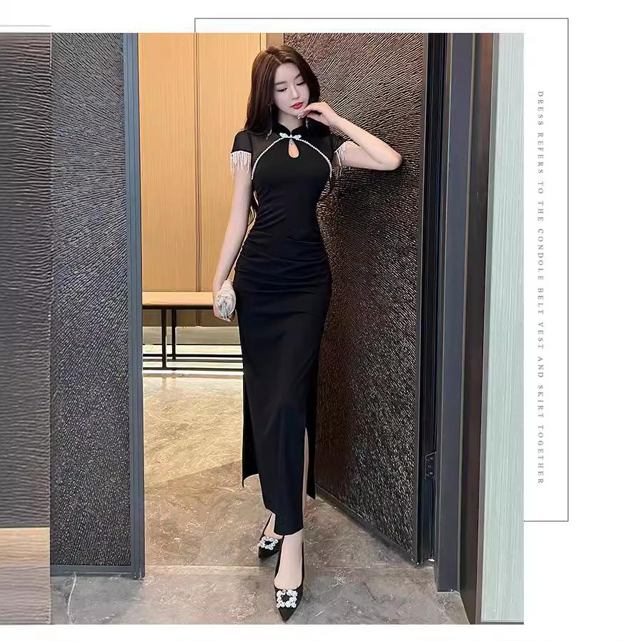 Evening dress women's new high-end modified cheongsam dress hip-wrapped split sexy tight dress summer