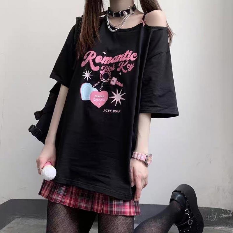 

Женская футболка с короткими рукавами, топы без бретелек с принтом, летняя милая свободная одежда в японском стиле с бантом для студентов 2XL чёрный