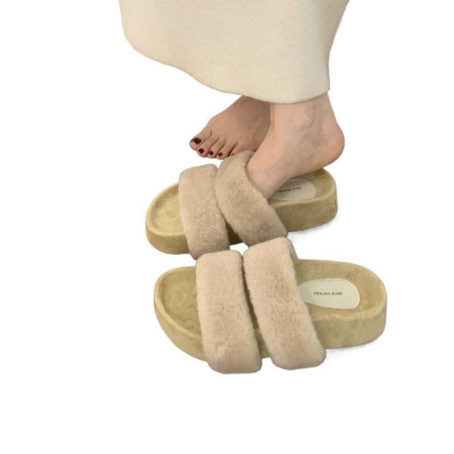 BEILIXUAN~ Mink hair word with thick bottom hair slippers women wear autumn and winter 2025 new fairy cotton slippers