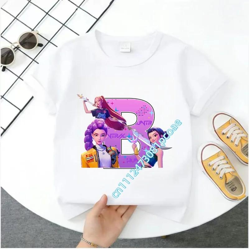 K Pop Demon Huntersd Children's Short-Sleeved Girls' Casual Shirt - Summer Pure Polyester T-Shirt with Letter A-Z Cartoon Print