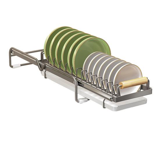 Dish Storage Rack Drawer Type Carbon Steel Frame Wooden Handle Organizer Rational Use of Space Drying Rack for Kitchen