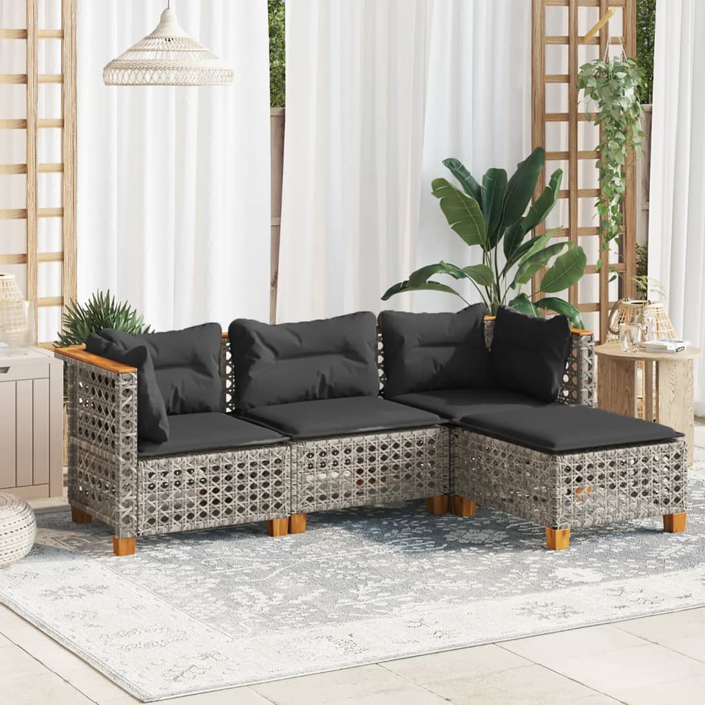 4 Piece Outdoor Sofa Set with Cushions Grey Poly Rattan