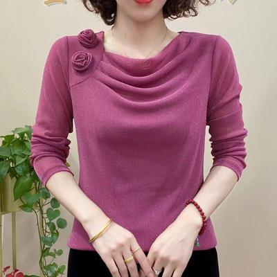 Women's Spring Fashion Tie Flowers Solid Pill Collar Long Sleeve Pullover Ruched Bright Silk Loose T-shirts Bottom Tops