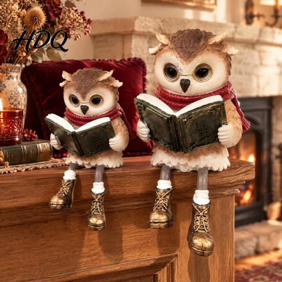 Artistic Resin Cat Sculpture Reading Owl/Fox Figurine with Dangling Legs Shelf Sitter Statue Open Book Glasses Red Scarf and Boots Rustic