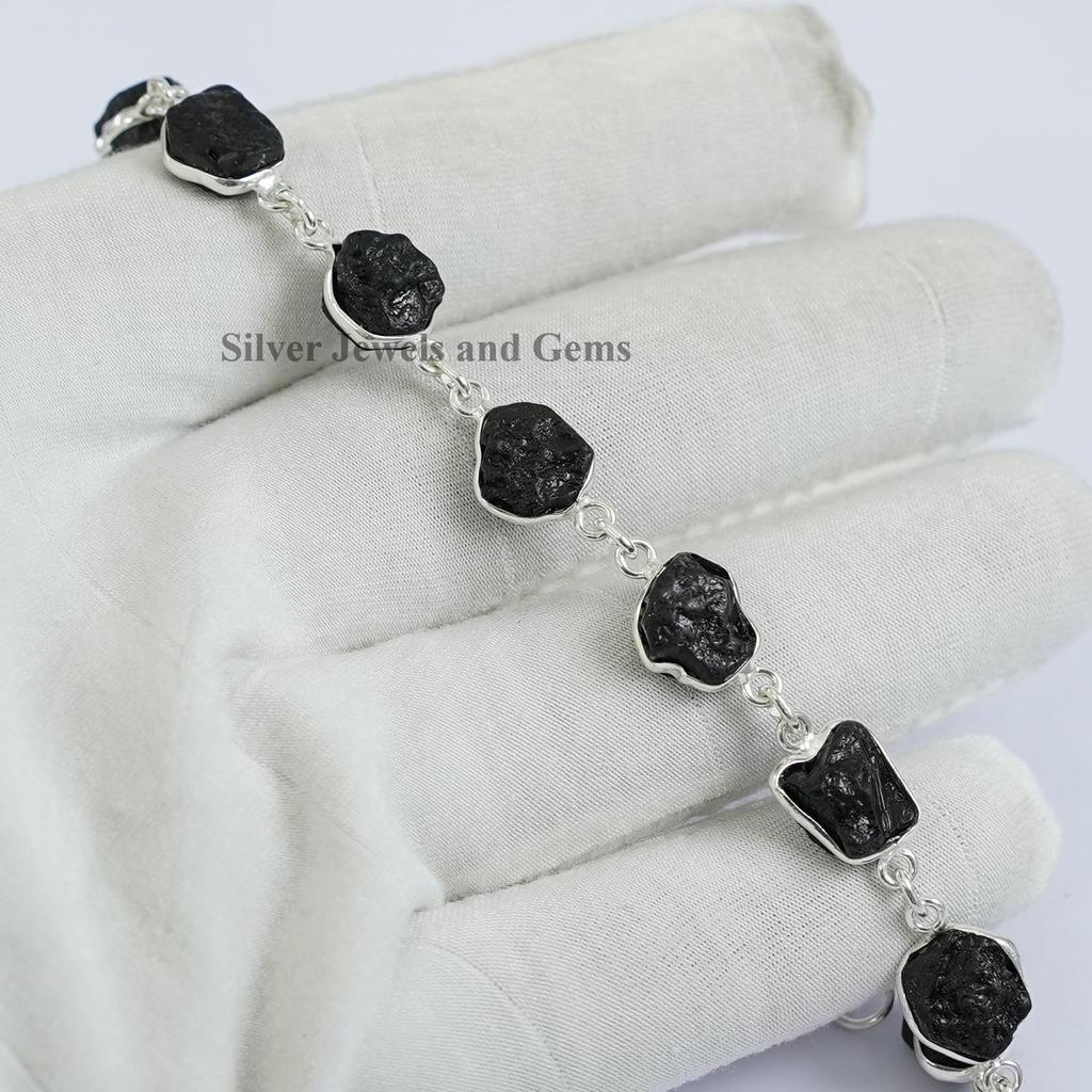Raw Black Tourmaline Bracelet, 925 Sterling Silver Bezel Bracelet, Handmade