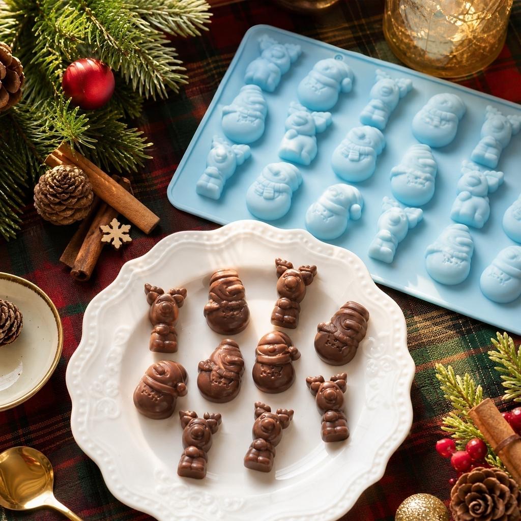 15 Cavity Silicone Mold for Christmas Candy Chocolate Making Santa Claus Reindeer Snowman Holiday Themed Baking Mold Flexible Food Grade