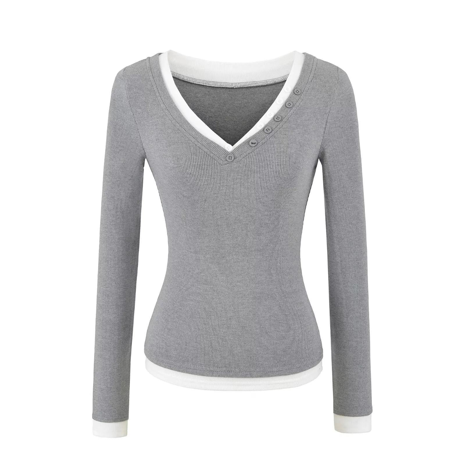 

Spring/Autumn 2026 Women s V-neck Slim Fit Color Block Knit Top with Button Detail and Long Sleeves Small