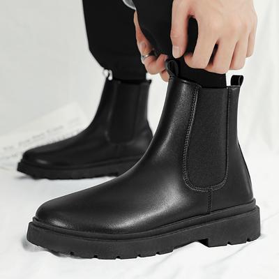 Botas Chelsea Masculinas Slip-on Moda Botas de Couro de Inverno Botas de Cano Alto para Homem para Exterior Botas de Cano Curto Masculinas Botas de Algodão Quente com Pelúcia Sapatos Casuais