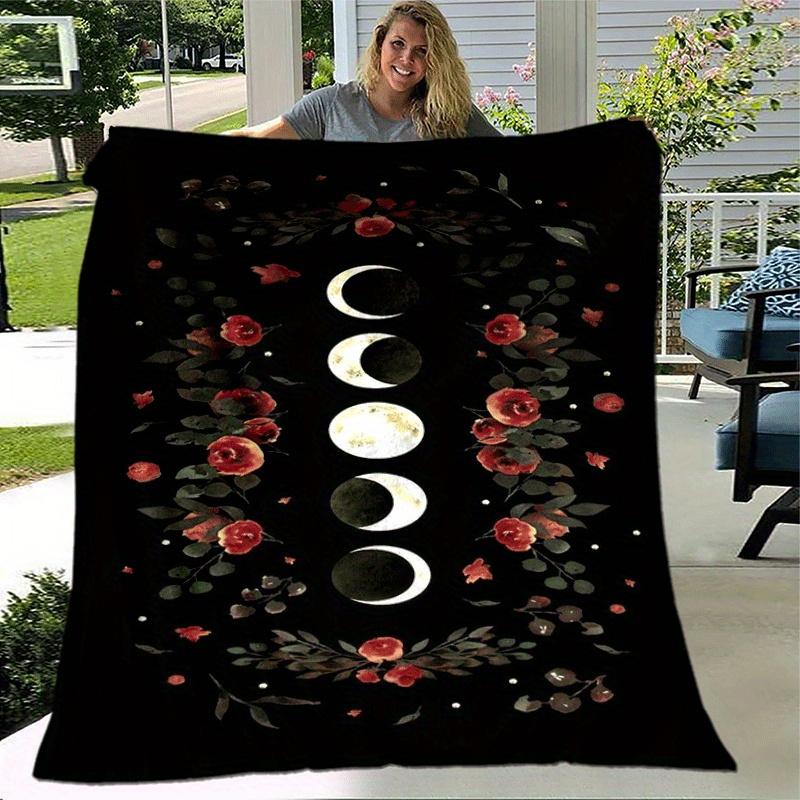 1pc Moon Flower Printing Lightweight Flannel Blanket, Comfortable and Warm Blanket, for Camping Sofa Bed and Couch Office, Gift