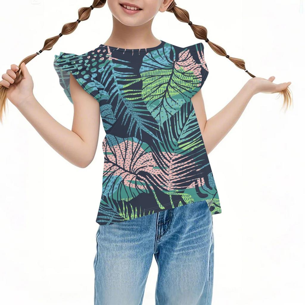 Children's Casual Short-Sleeved Pleated Cute Hawaiian Print Round-Neck Top