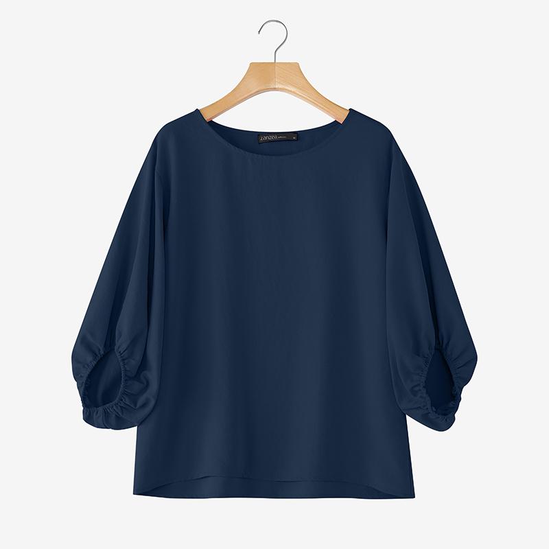 ZANZEA Blusa informal de mujer con cuello redondo, color liso, manga 3/4