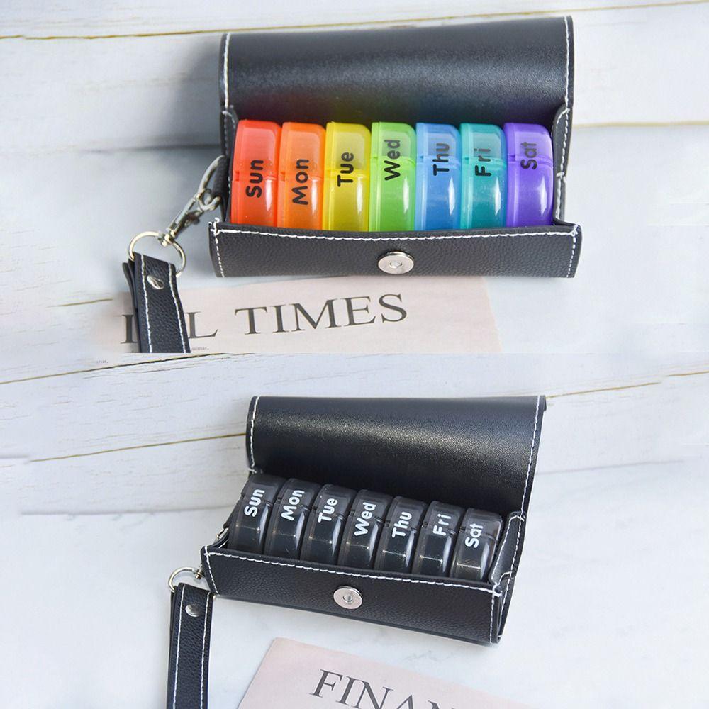 PU Leather 7-Day Pill Organizer Drug Container Week Mark 14-Grid Vitamin Storage Portable AM/PM Compartments Daily Pill Box