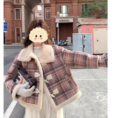 Women's Plaid Shearling Lambswool Short Winter Coat - New 2025 Petite Jacket Style