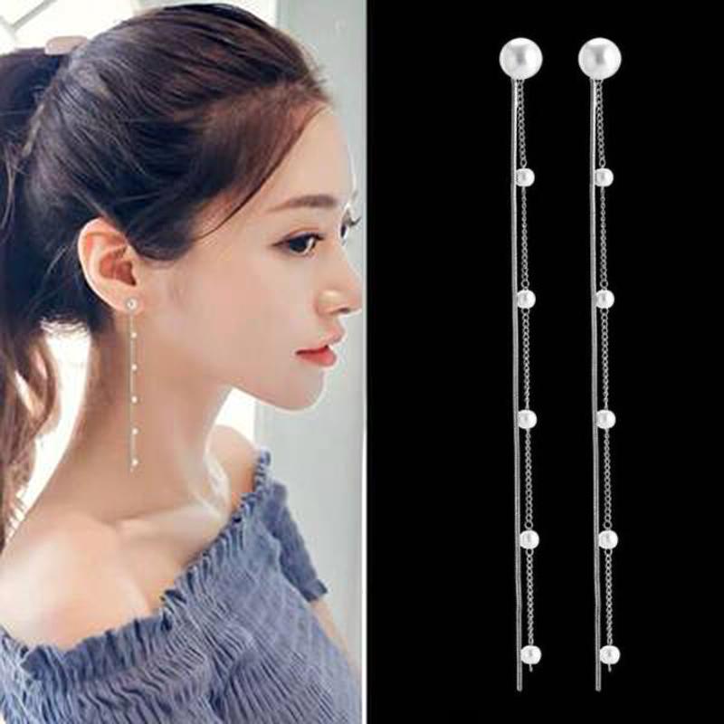 Fashion Crystal Simple Long Chain Earrings For Women Hanging Pearl Metal Cable Drop Earring Minimalist Jewelry Brinco Bijoux