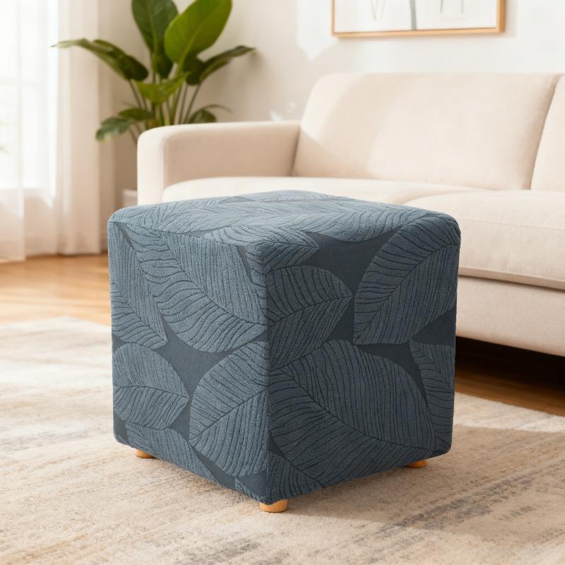 Leaf Jacquard Elastic Square Dust-proof Sofa Footrest Cover Stretch Stripe Slipcover Stool Cover Living Room Office Home Decor