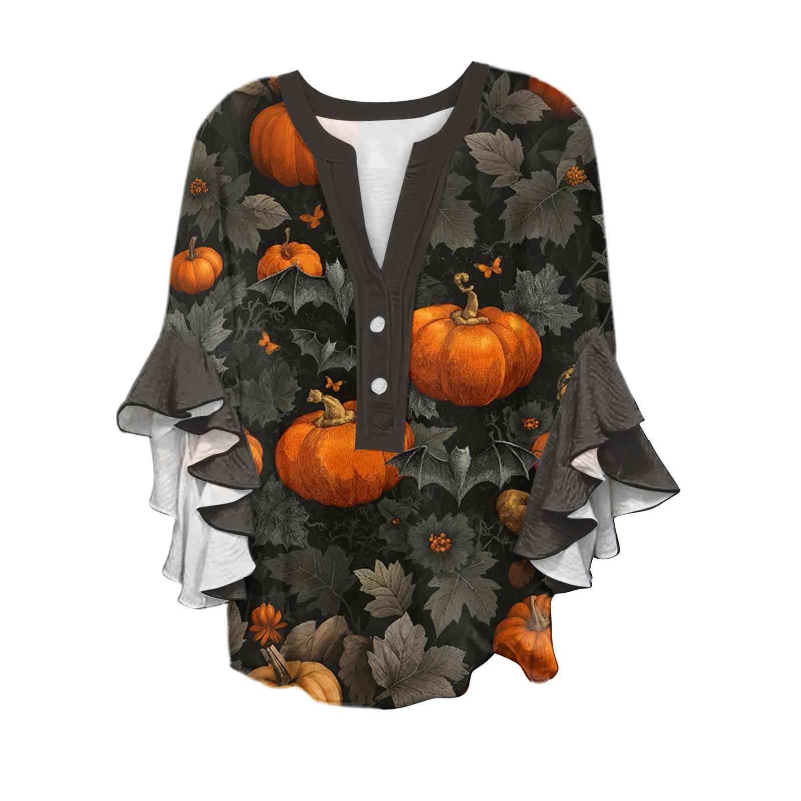 

Women s V-neck Seven Quarter Sleeved Shirt Halloween Printed Top Casual Shirt XXL Темно-синій