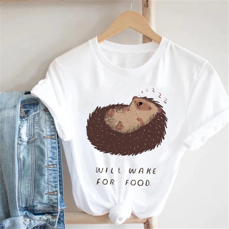 Pink Women Tshirts Casual Cute Cartoon Hedgehog Floral Graphic Print Female Tee Tops Harajuku Fashion Short Sleeve T Shirt Femme