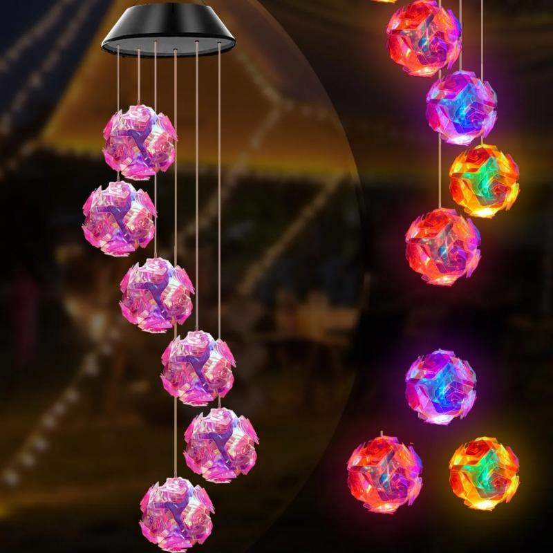 1pc Solar Powered Color Changing Pink Embroidered Ball Flower Wind Chime Light Waterproof Outdoor Night Light Hanging Solar Lamp