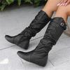 Fashion Women Mid-Calf Boots PU Pleated Boots Female Round Toe Shoes Concise Height Increasing Flat Shoes Autumn Winter 2025 Size 34-50