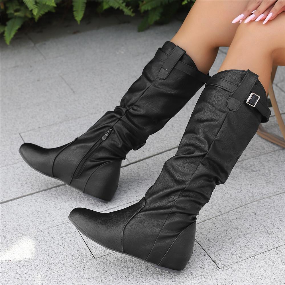 Fashion Women Mid-Calf Boots PU Pleated Boots Female Round Toe Shoes Concise Height Increasing Flat Shoes Autumn Winter 2025 Size 34-50