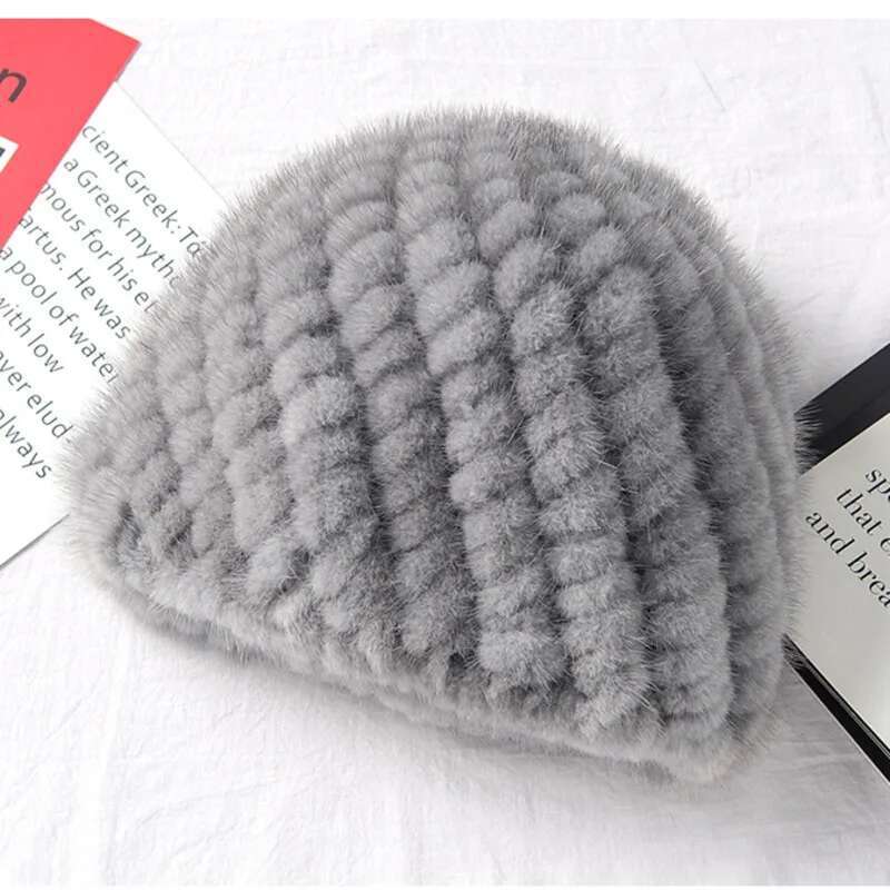 Mink Fur Hats For Women Fashion Ear Protection And Warm Natural Fur Knitted Hat Fluffy Fur Caps Ladies Black Fur Caps Winter Cap