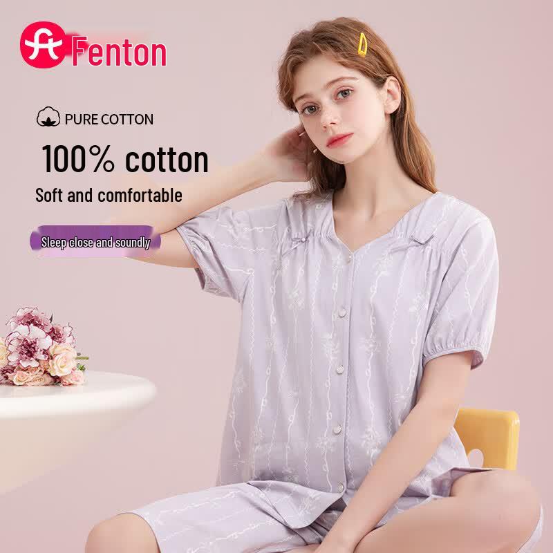 Fenteng Women s Pure Cotton Printed Short-Sleeve Pajama  Loungewear Set XXL