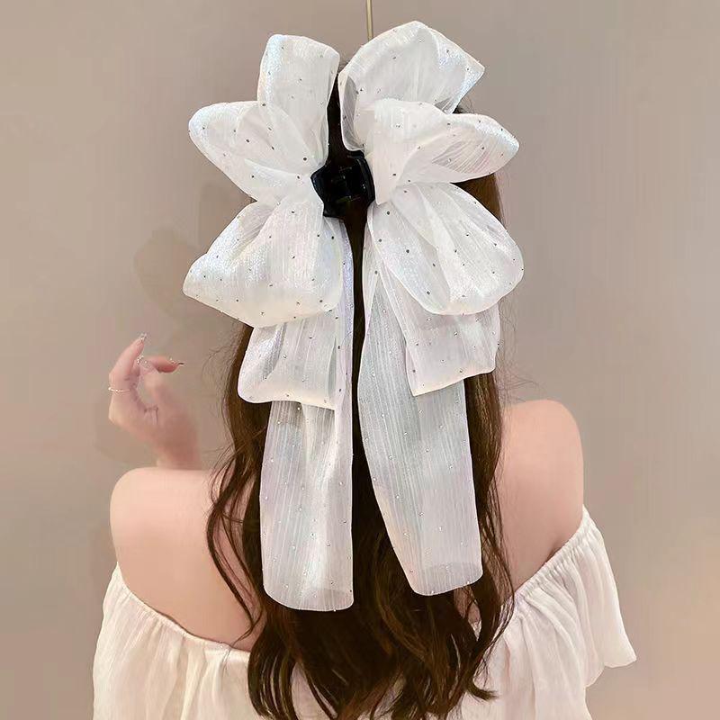 Korean Style Fashion Large Bow Ribbon Hair Claw Super Fairy Temperament Glitter Rhinestone Hair Clip Girl Sweet Hair Accessories