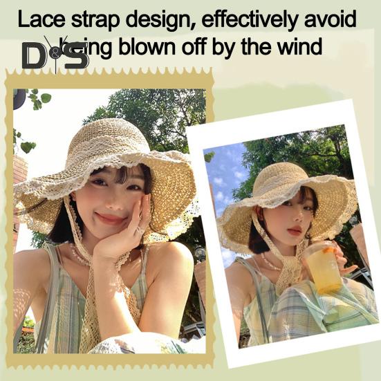 Stroh-Sonnenhut für Damen, faltbar, atmungsaktiv, größenverstellbar, Spitzenbesatz, Strandhut, Outdoor-Aktivitäten, Sport, Alltagskleidung