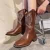 Women Retro Mid Calf Western Cowboy Motorcycle Boots Female Autumn Embroidered Square Toe Chunky Heel Design Brown Boots