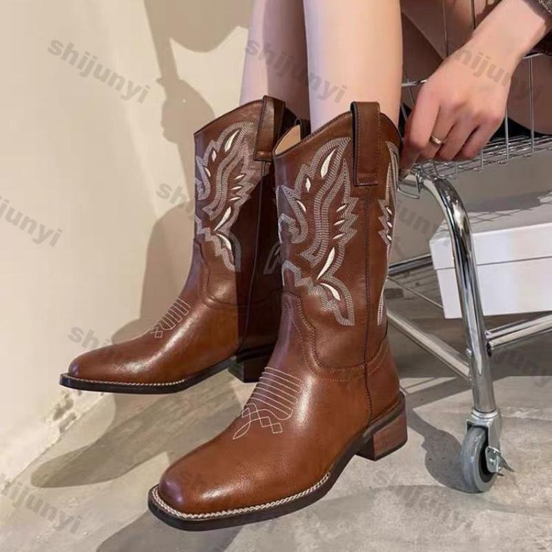 Women Retro Mid Calf Western Cowboy Motorcycle Boots Female Autumn Embroidered Square Toe Chunky Heel Design Brown Boots