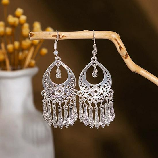 Peacock Tassel Earrings with Hollow Leaf Design in Retro Ethnic Style Imitation Silver for Women