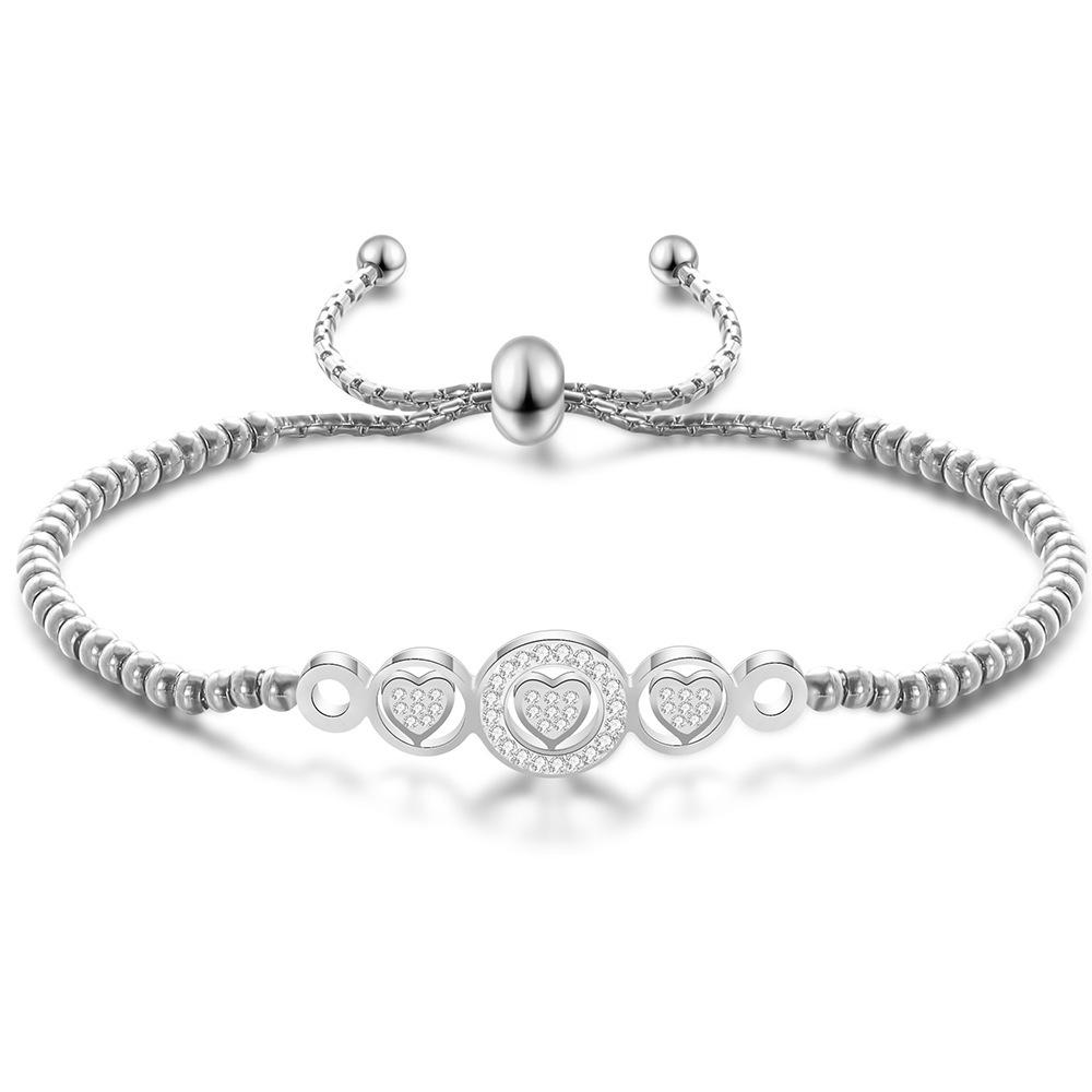 Adjustable Rhinestone Heart and Bead Stainless Steel Bracelet