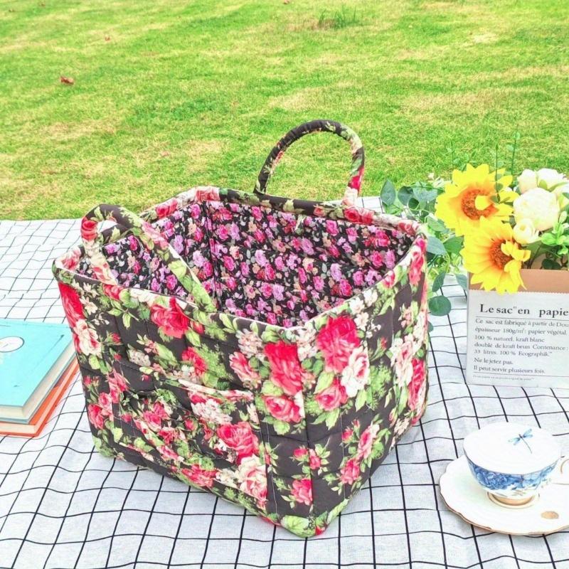 Large Floral Canvas Storage Basket - Washable Organizer for Clothes, Jewelry & Accessories, Pink Rose Design, Home & Travel