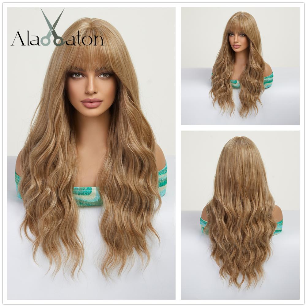 

ALAN EATON Коричневый блондин Длинные вьющиеся парики Синтетический волнистый парик с челкой Ombre Натуральные повседневные волосы для женщин Термостойкие волосы