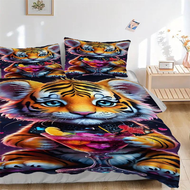 

3pcs Tiger Cocktail Glass Duvet Cover Set - Includes 1 Duvet Cover and 2 Pillowcases, No Quilt Core, All-Season Home Decor yy251111023 135x200cm
