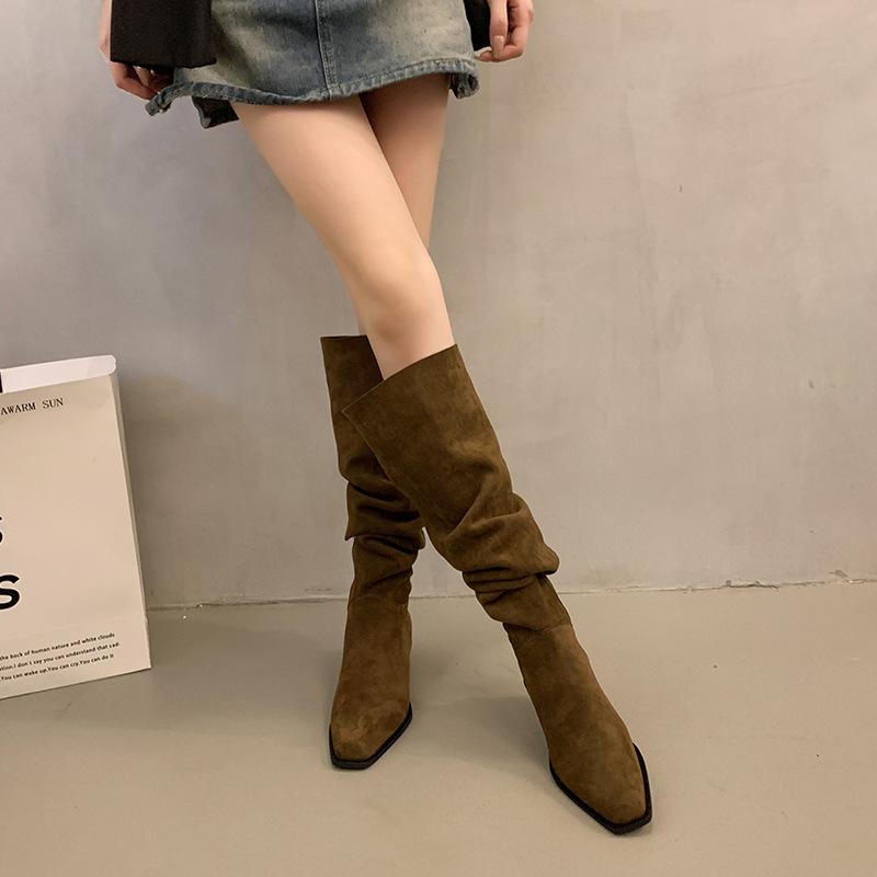 Inner heightening stack long tube knight boots children 2025 new spring and autumn French suede women's western cowboy boots