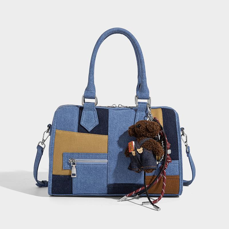 2025 New Trendy Korean Style Boston Bag for Women Fashion Denim Color Block Single Shoulder Crossbody Commuter Tote Bag