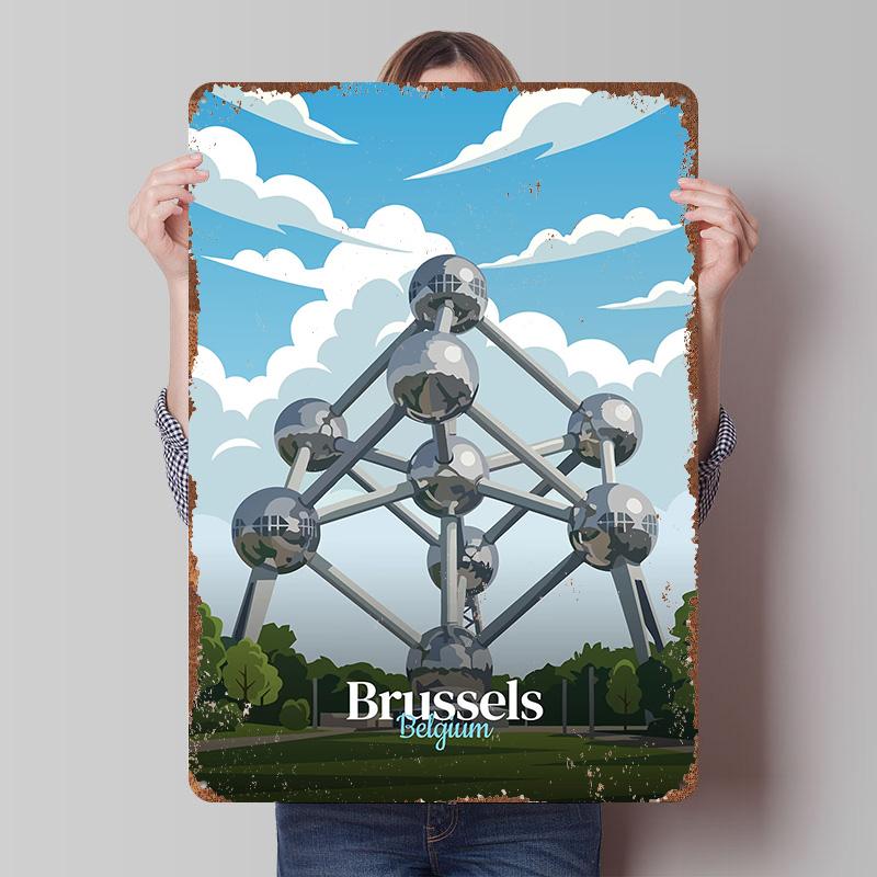 Atomium Brussels Belgium Travel Metal Poster Custom Wall Art Retro Vintage Tinplate Signs for Man Cave Home and Decoration House