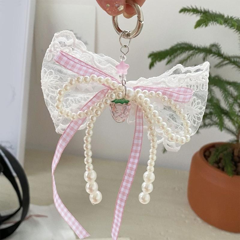 Delicate Pearls and Lace Bowknot Bag Ornament With Gingham Pattern Portable Accessory for Daily Commutes or Dates