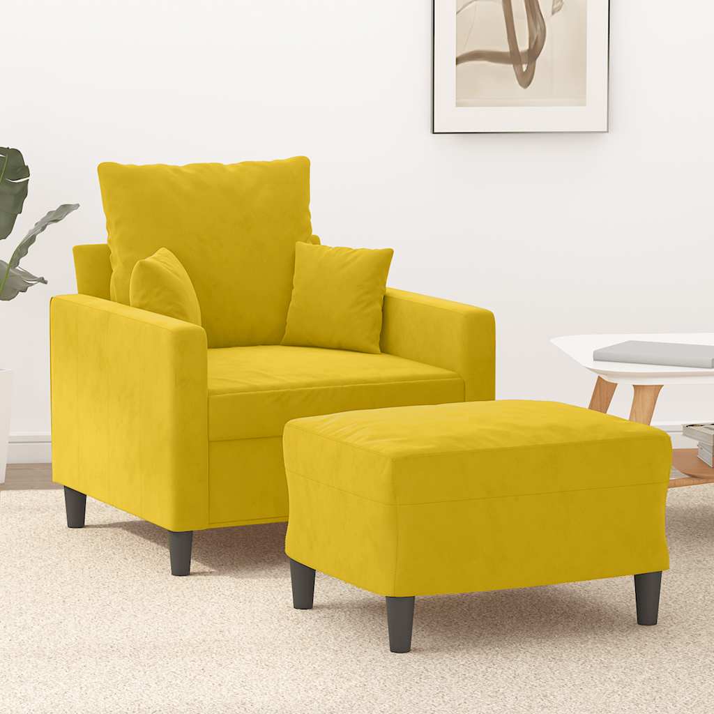 Yellow Velvet Armchair with Footstool 60 Cm