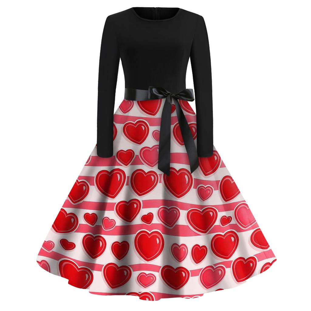 Women's Fashion Round Casual Slim Fit  Print Large Swing Long Sleeve Dress