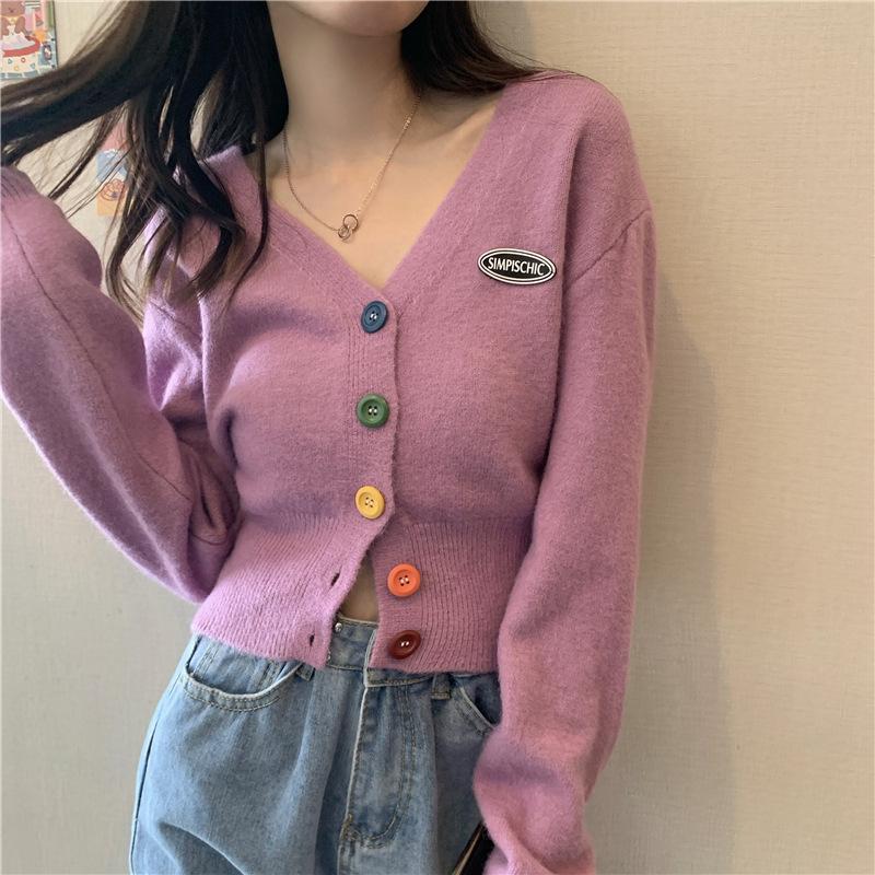 Women Sweater Cardigan Solid Korean V-neck Knitted Cardigan Lady Casual Slim Colorful Single Breasted Short Jumper Coats