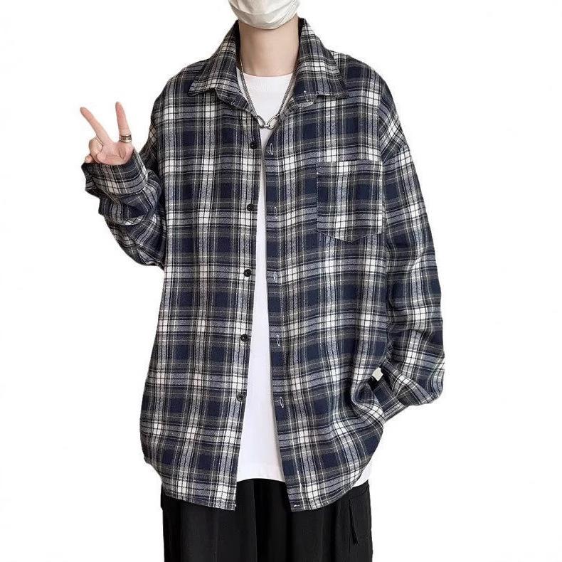 Módní a Všestranná Ležérní Volná Pracovní Košile Bunda Dospívající Japonská Kostkovaná Košile Pánská Dlouhý Rukáv
