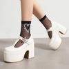 FOREADA Women Pu Leather Pumps Platform Super High Hoof Heels Round Toe T-Tied Belt Buckle Concise Spring Autumn Shoes White