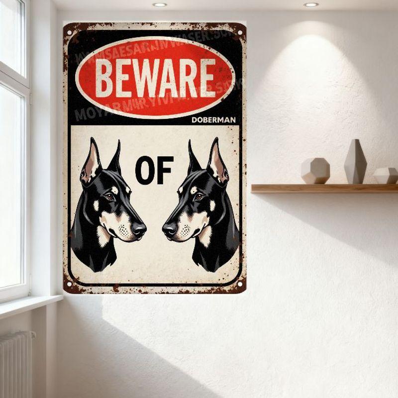 Vintage Rostig Dobermann Varningsskylt i Metall, Akta dig för Dobermann Pinscher Illustration, Gammal Dekorativ Varningsplatta för Man Cave