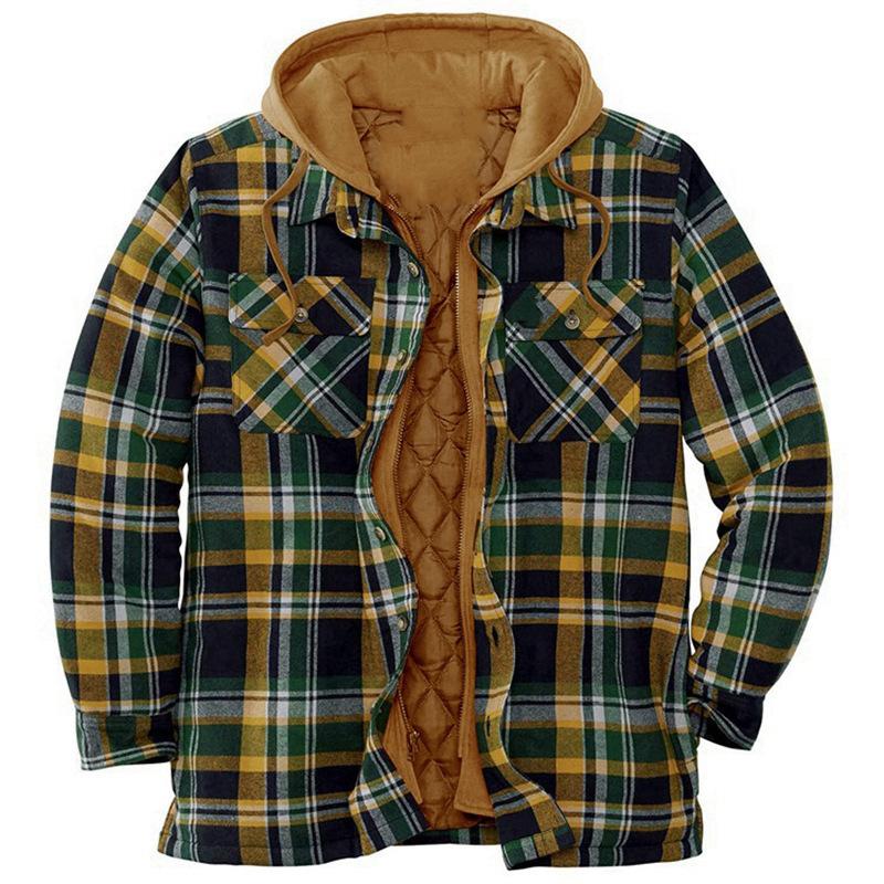 Giacca con cappuccio in flanella trapuntata casual da uomo, morbida e calda, a maniche lunghe, con cerniera, a quadri, per uomo, con cappuccio invernale, cappotto, capispalla