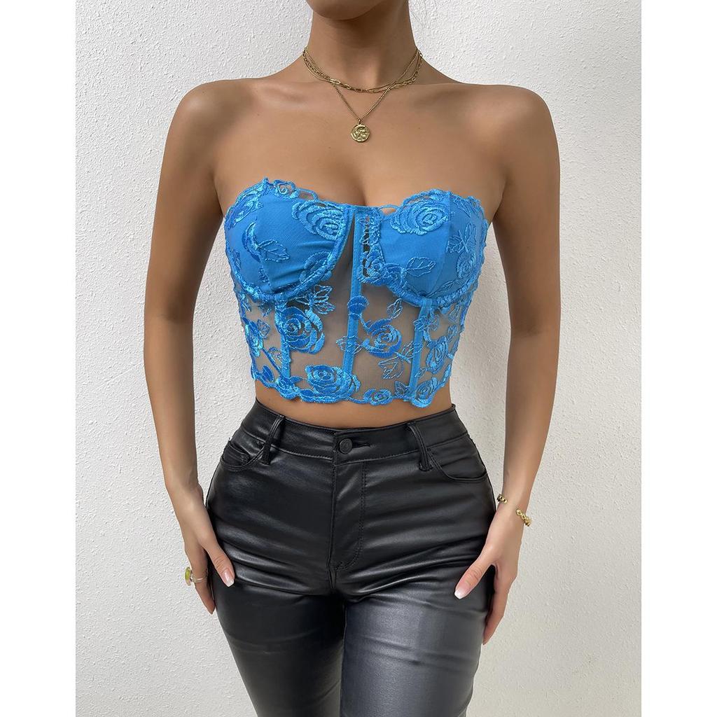 2023 European & American INS Style Lace Mesh Rose Tube Top Vest