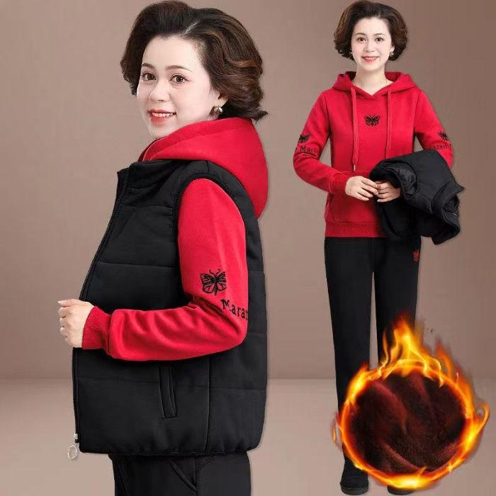 

Жіночі зимові товсті комплекти з 3 предметів Жилет Теплий одяг Вільний спортивний костюм з капюшоном Брючні костюми з високою талією Кофти з плюшевою підкладкою Жіночі XXXXL червоний